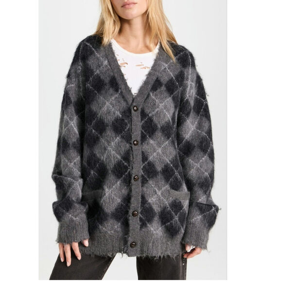 R13 Fluffy Plaid Oversized Distressed Edge Cardi Charcoal Blk Argyle Plaid, XS - Picture 2 of 16
